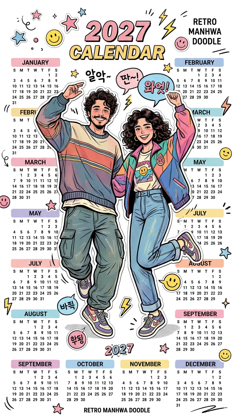 AI 2027 Korean illustration desktop calendar with pastel doodle style, cinematic seasonal composition, printable aesthetic layout