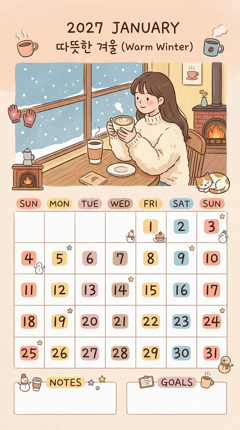 Soft Pastel Winter Mood - Korean Calendar warm nostalgic ambiance
