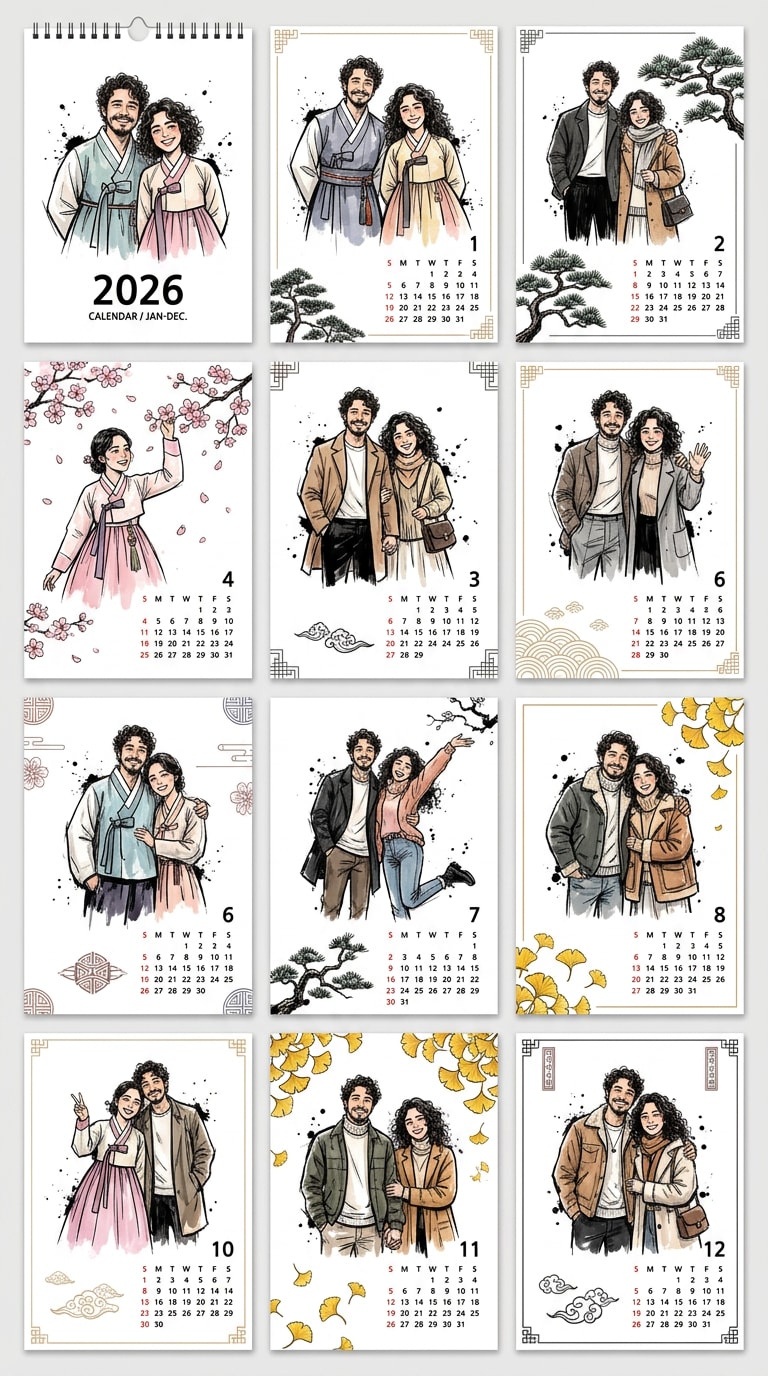 2027 Korean illustration calendar generated with ChatGPT prompt, hand-drawn doodles, watercolor textures, trendy TikTok aesthetic