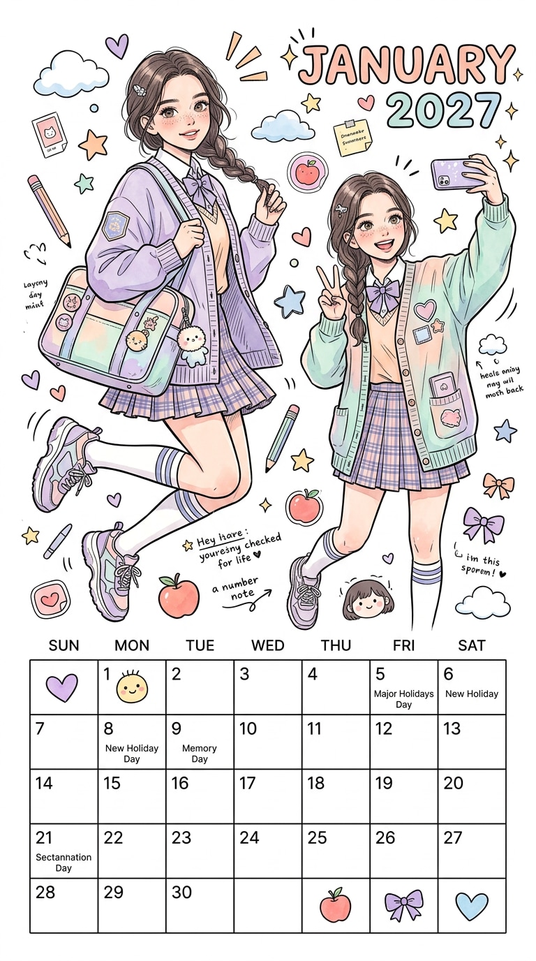 Kawaii School Illustration - Korean Calendar with playful charm