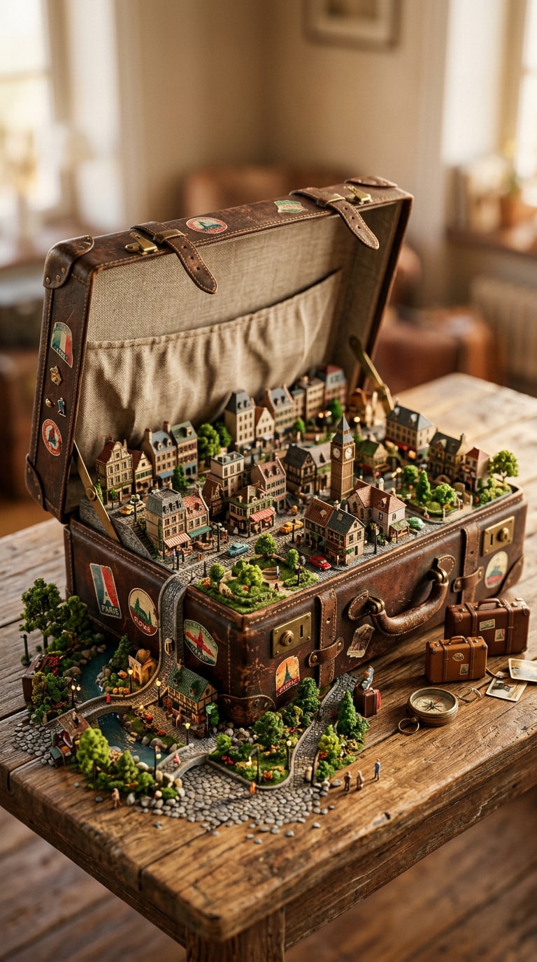 Miniature city on open suitcase prompt