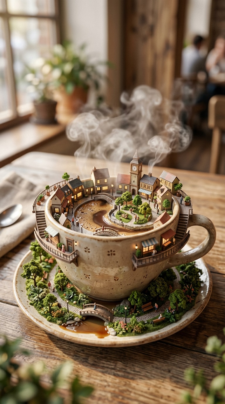 Miniature city on coffee cup prompt