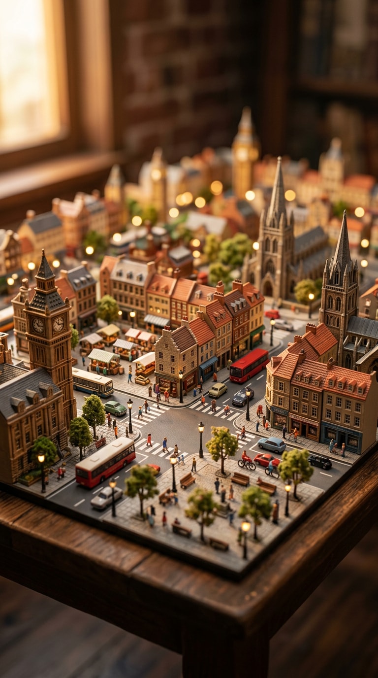 Miniature city diorama square poster prompt