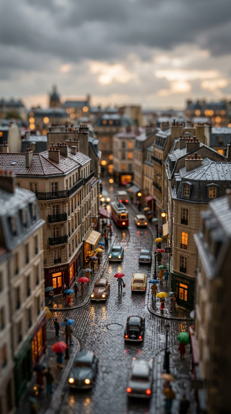 Isometric miniature city with weather effects prompt