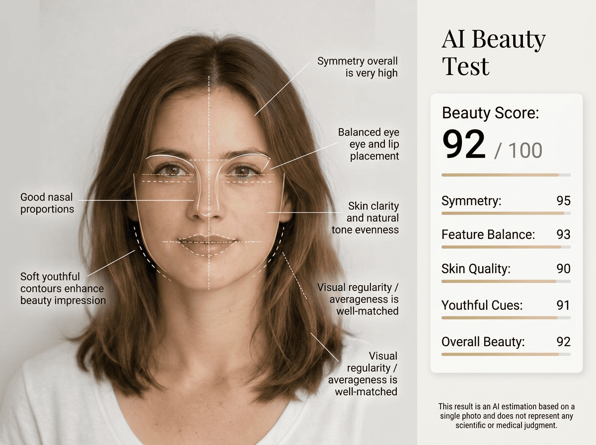 AI beauty test result showing facial symmetry and feature balance analysis