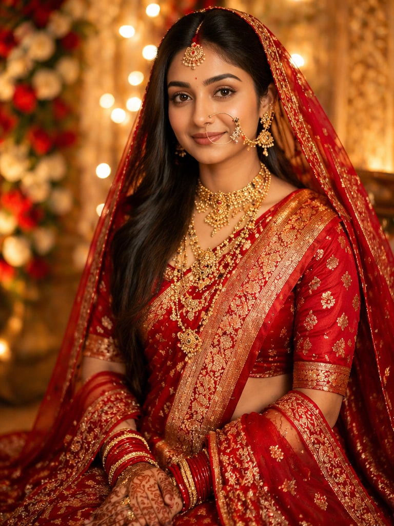 Royal Red Bridal Portrait bihari bride prompt for chatgpt