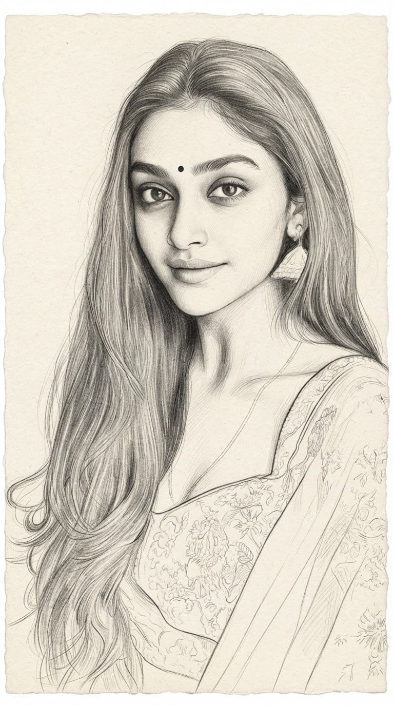 Pencil Sketch Bindi Portrait Prompt