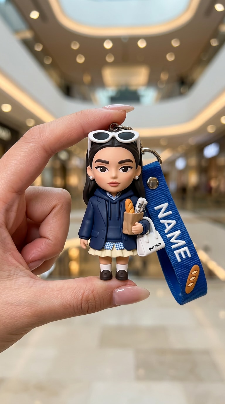 AI chibi keychain collectible toy with glossy PVC product photography style