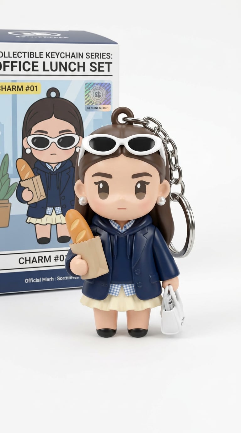 Cute character merch mockup as AI chibi keychain