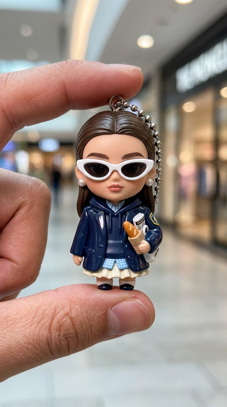 Handheld AI chibi keychain figure with premium collectible toy aesthetic