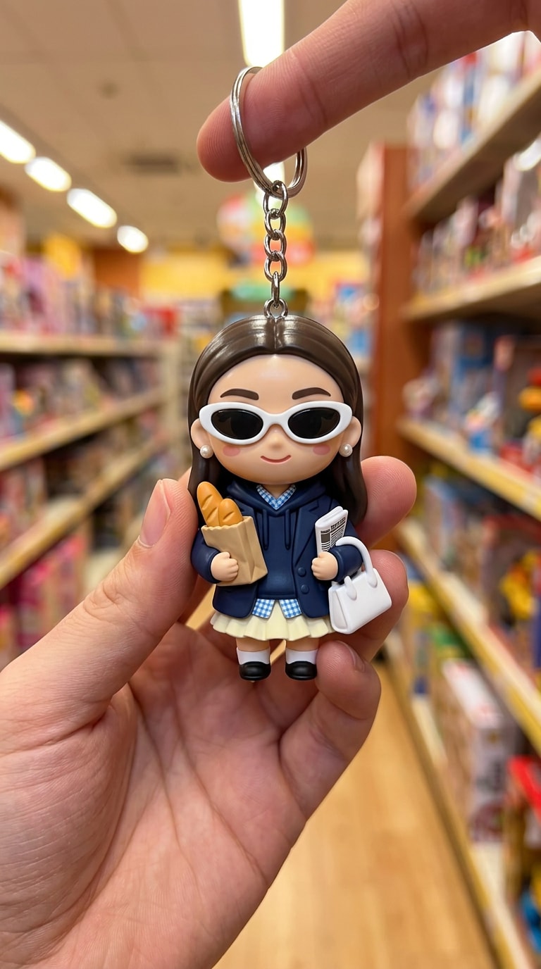 Toy store reveal style AI chibi keychain photo