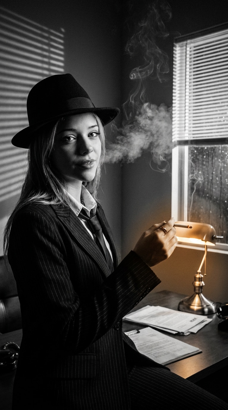 Film noir detective portrait AI prompt