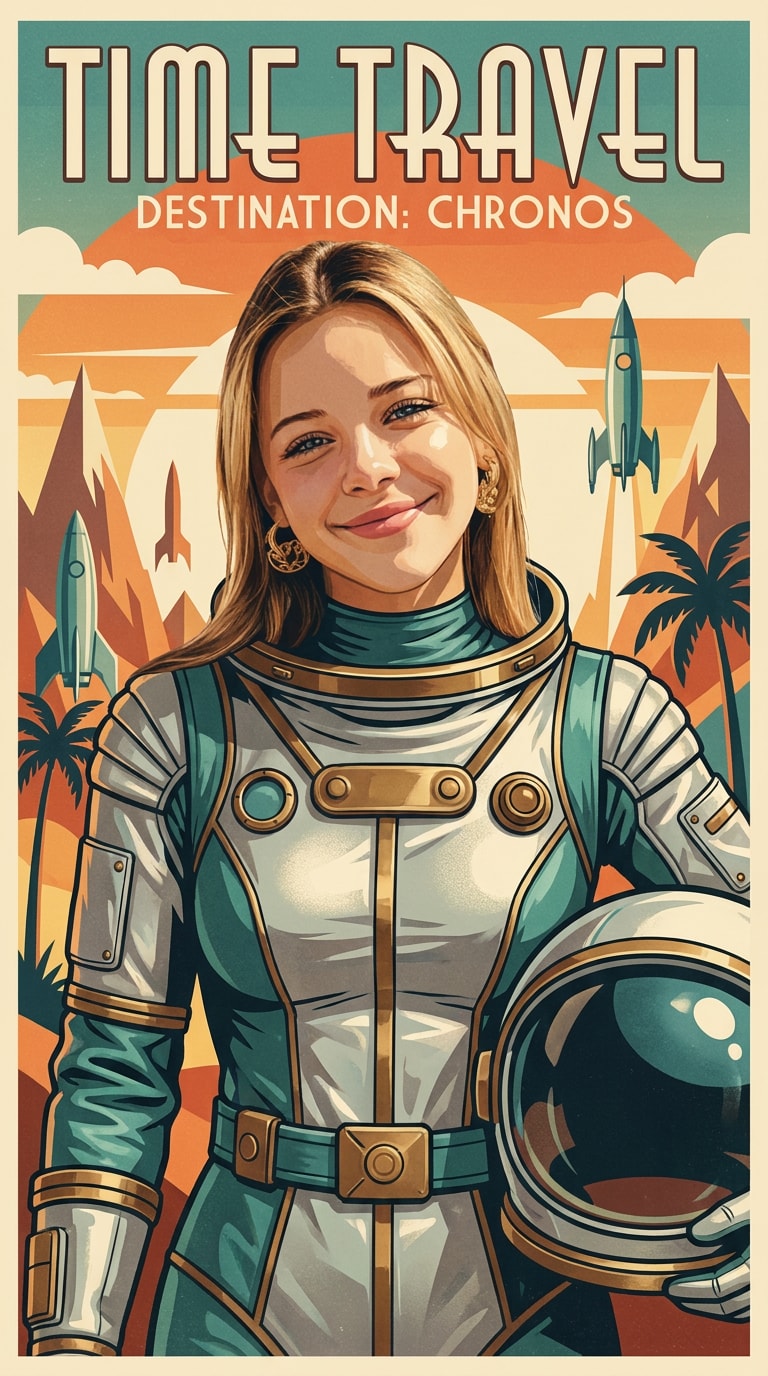 Travel poster time travel portrait prompt