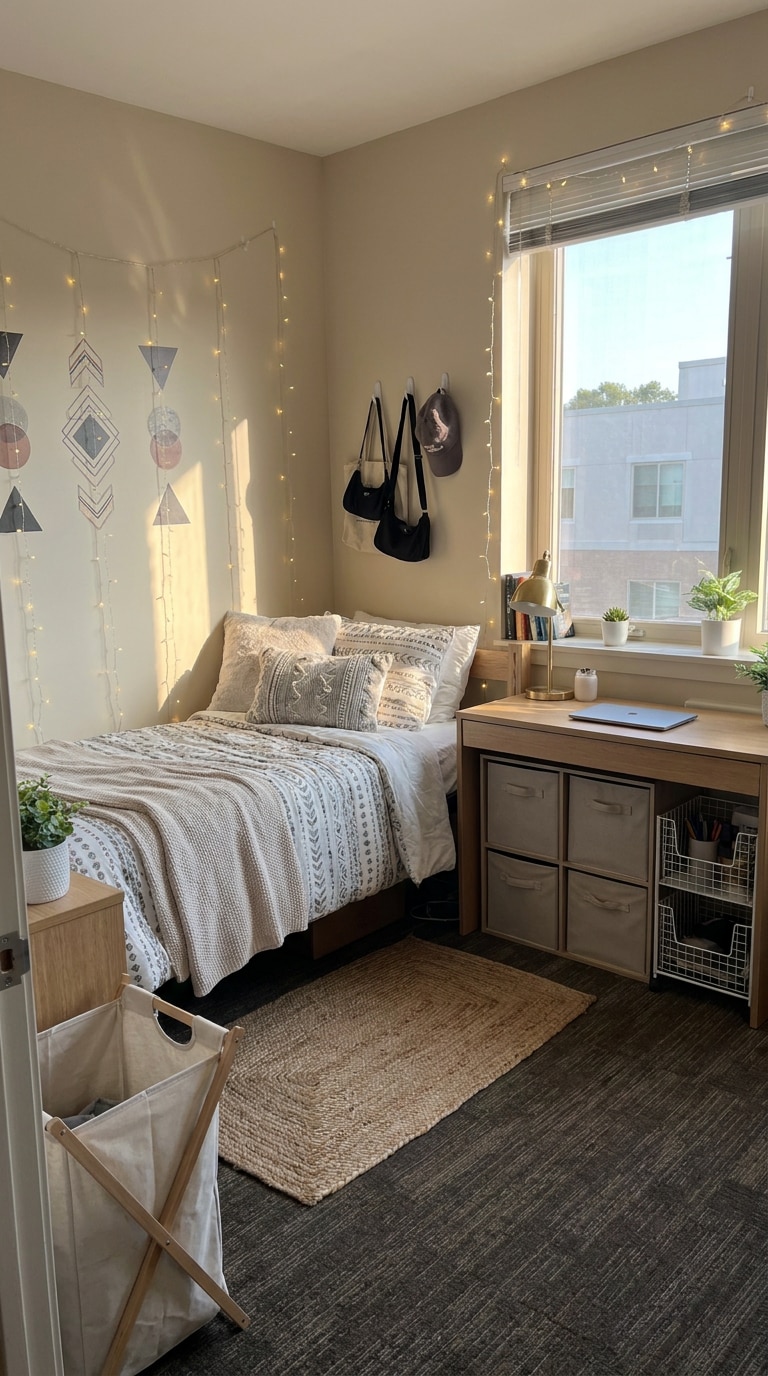 Budget dorm decor AI prompt with removable wall decor