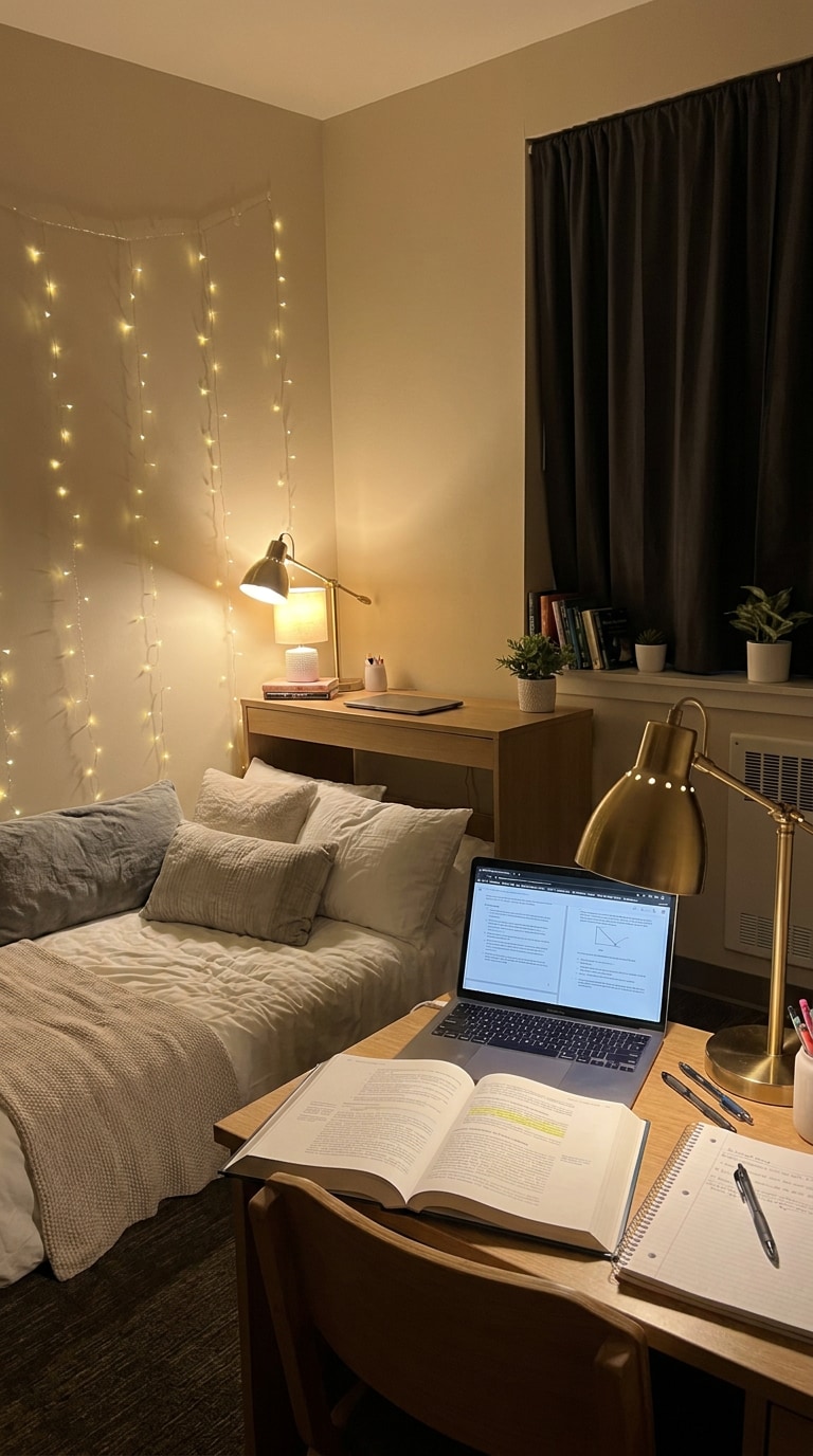 Night study dorm room lighting prompt