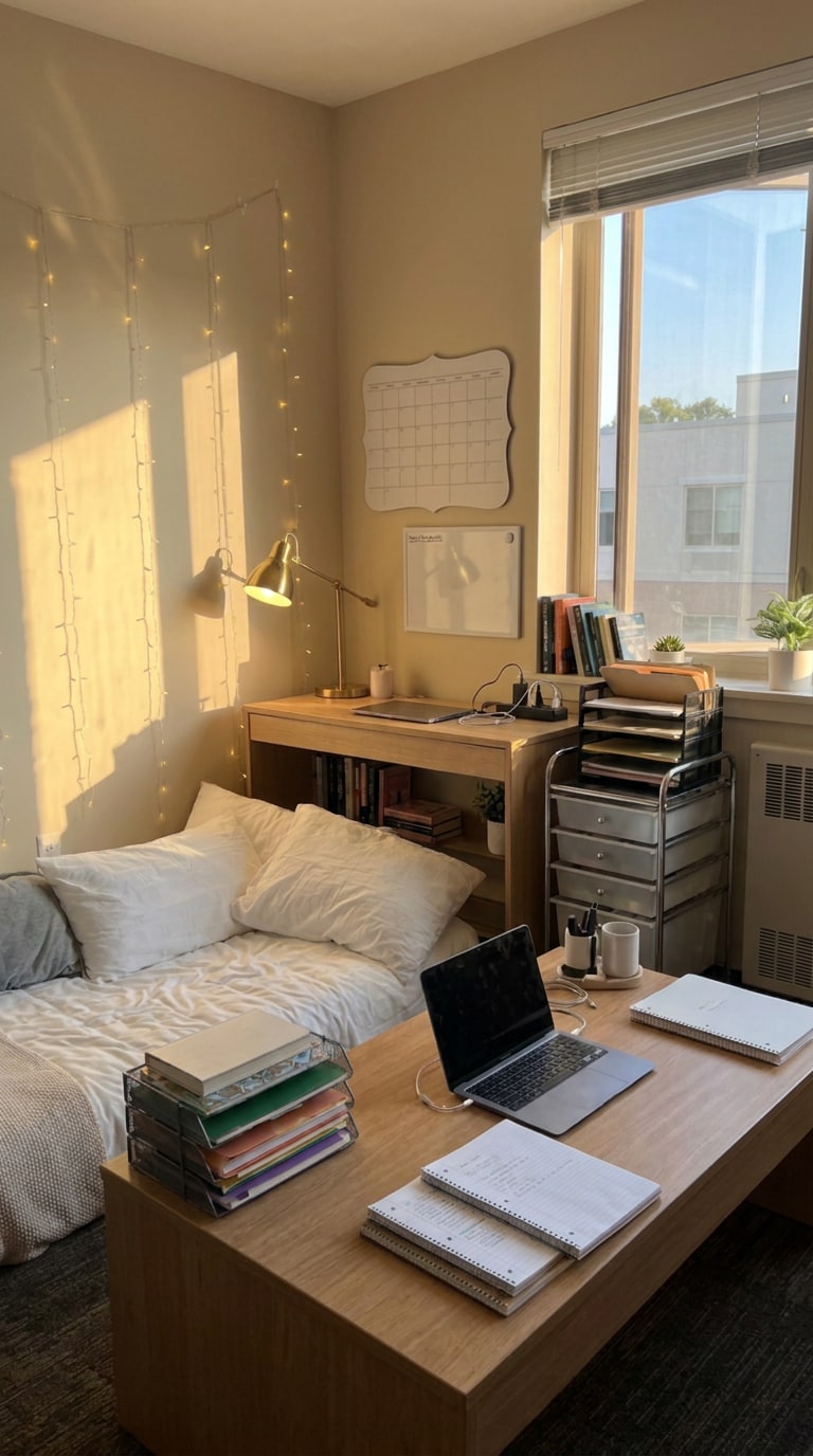Organized college desk dorm room prompt