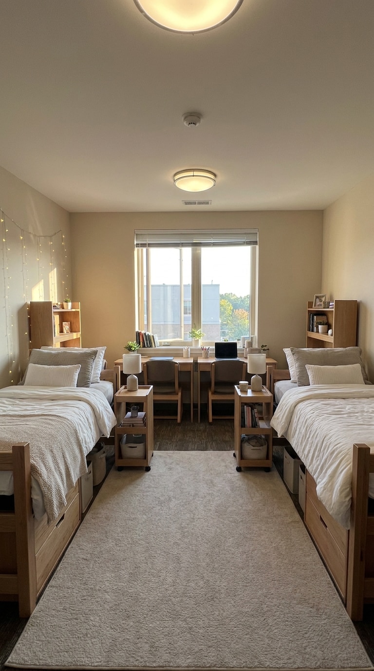 Symmetric shared dorm room AI layout prompt