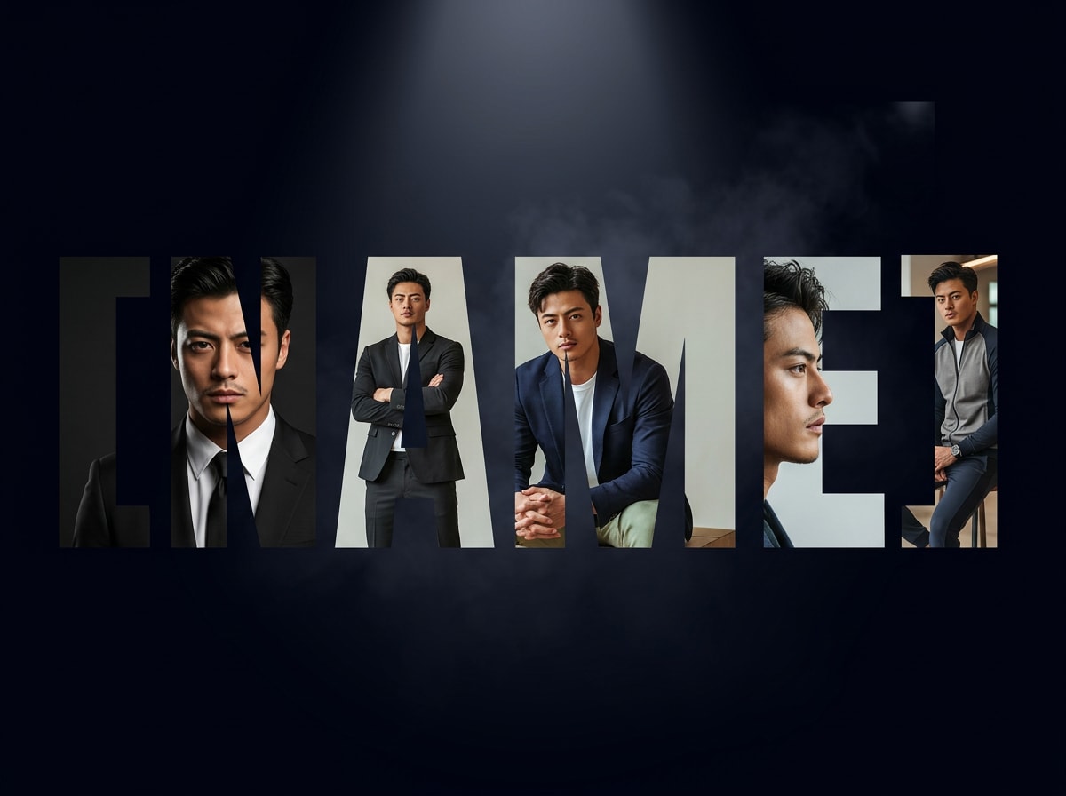Personal brand editorial name poster with cinematic portraits inside letters