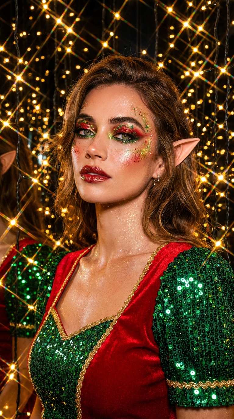 Glam elf avatar portrait with glittery holiday makeup and elf ears