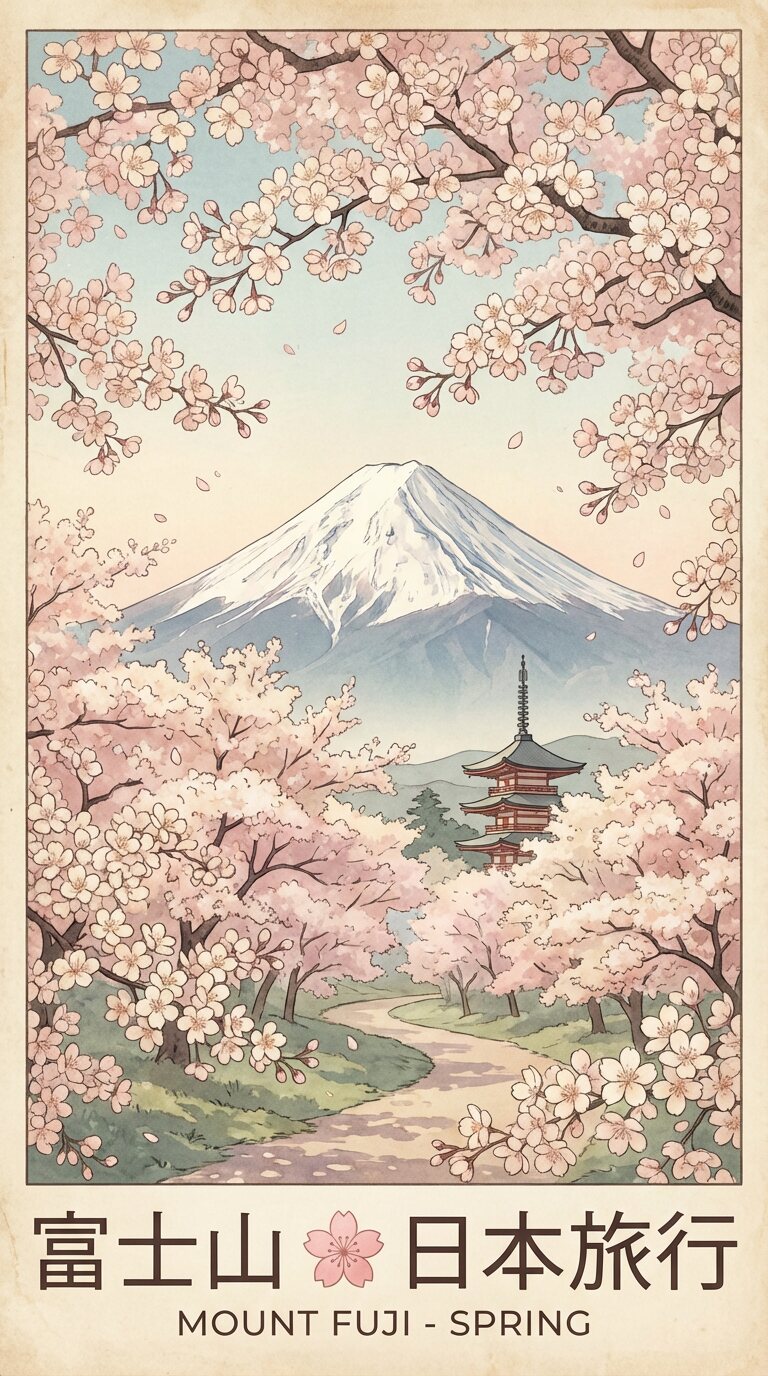 桜に囲まれた富士山のAIアート画像