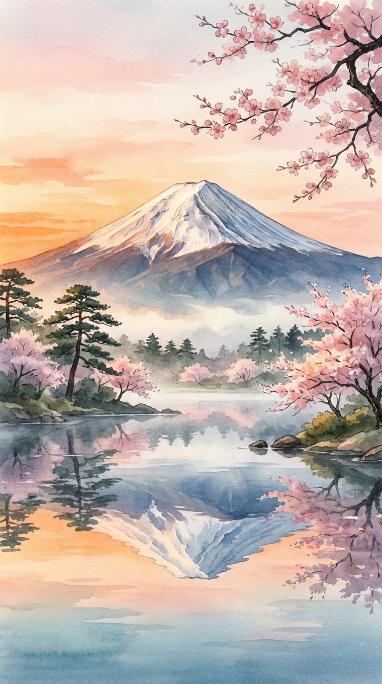 朝焼けに染まる富士山のAIアート画像