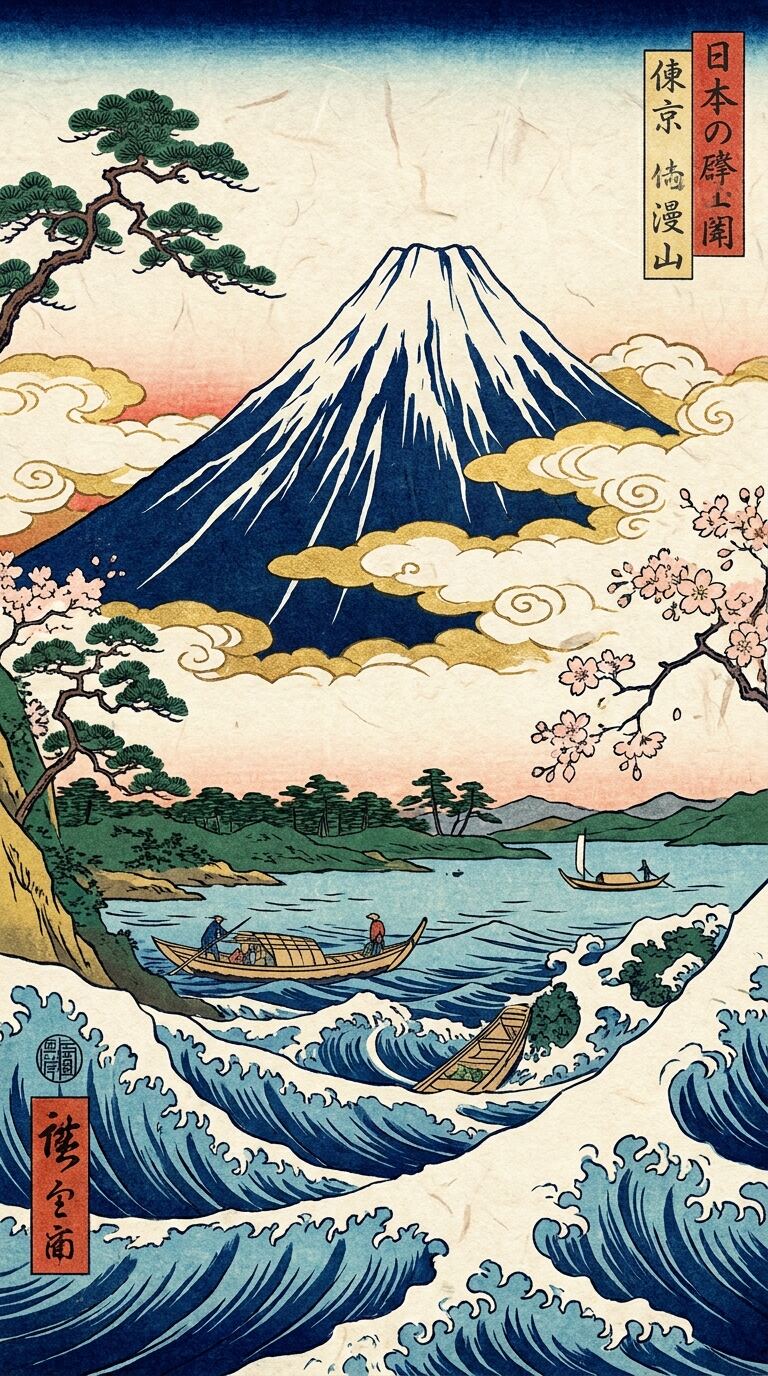 浮世絵風に描いた富士山のAIアート画像