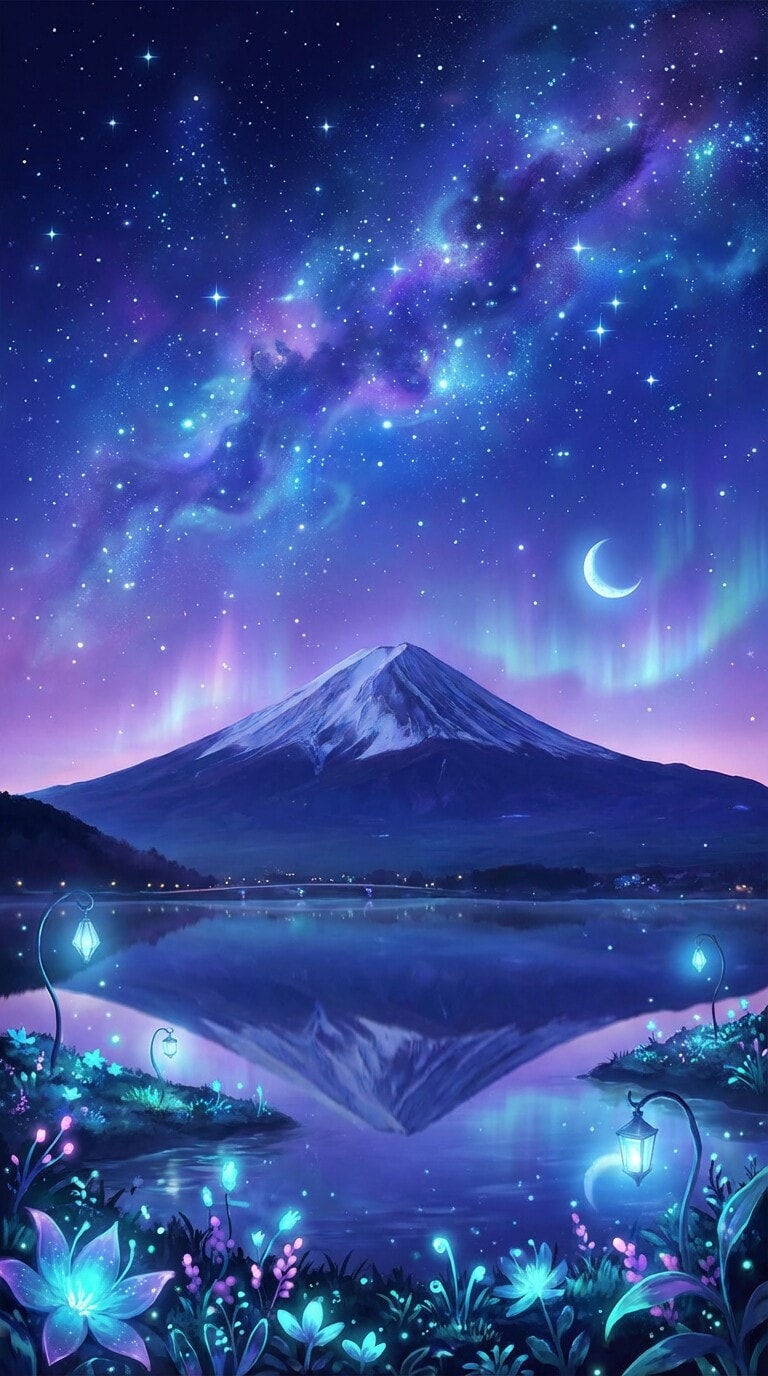星空の下に広がる富士山の幻想的なAIアート画像