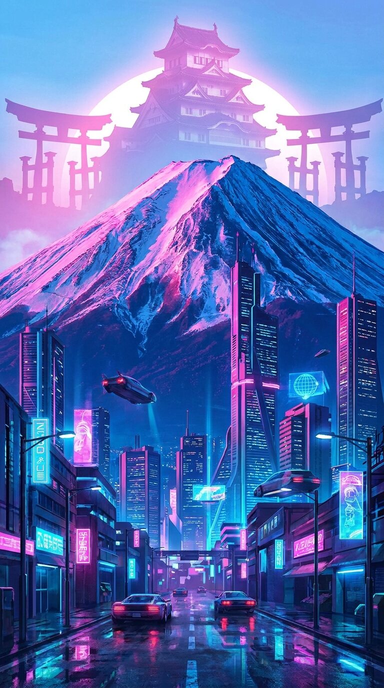 サイバーパンク風に表現した富士山のAIアート画像