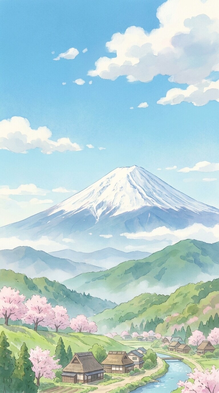 アニメ背景風の富士山AIアート画像