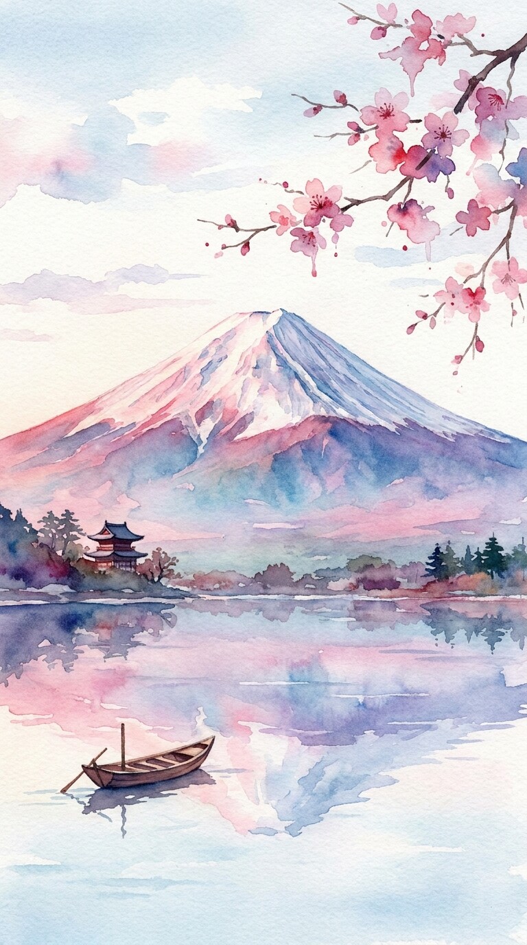 水彩タッチで描いた富士山のAIアート画像