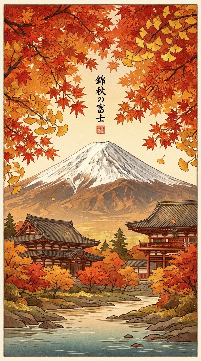 紅葉に彩られた富士山のAIアート画像