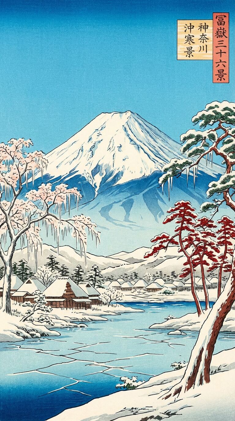 雪化粧の富士山を描いたAIアート画像