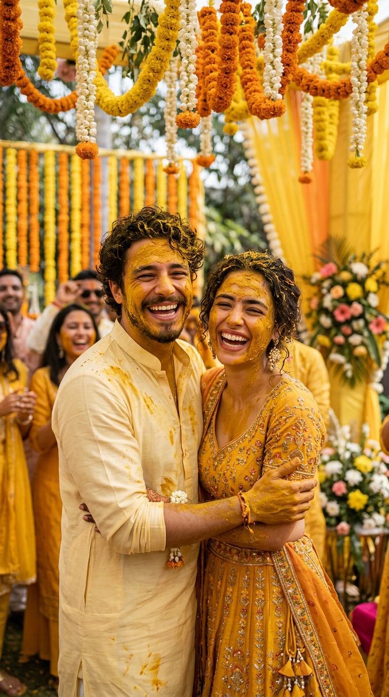 Haldi Couple Glow Portrait with Turmeric and Marigolds