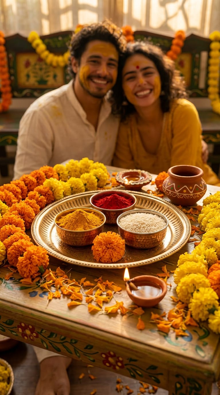 Haldi Ceremony Table Decor with Turmeric and Flowers