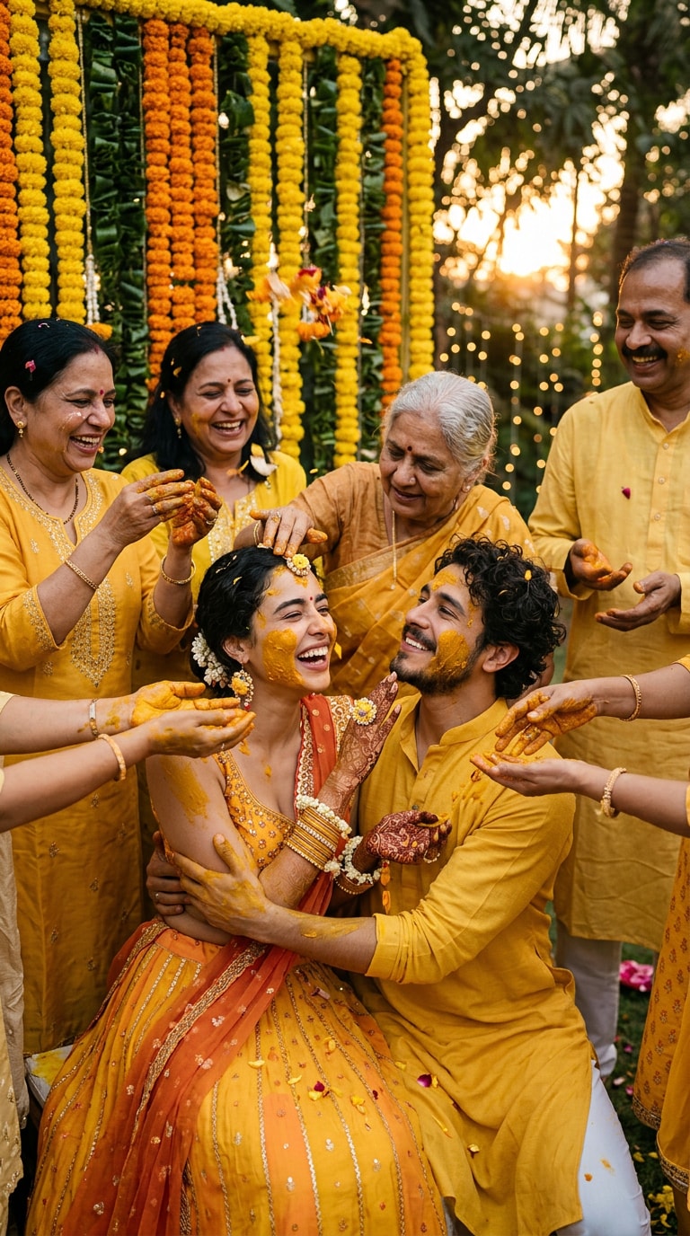 Family Applying Turmeric to Bride at Haldi Ceremony