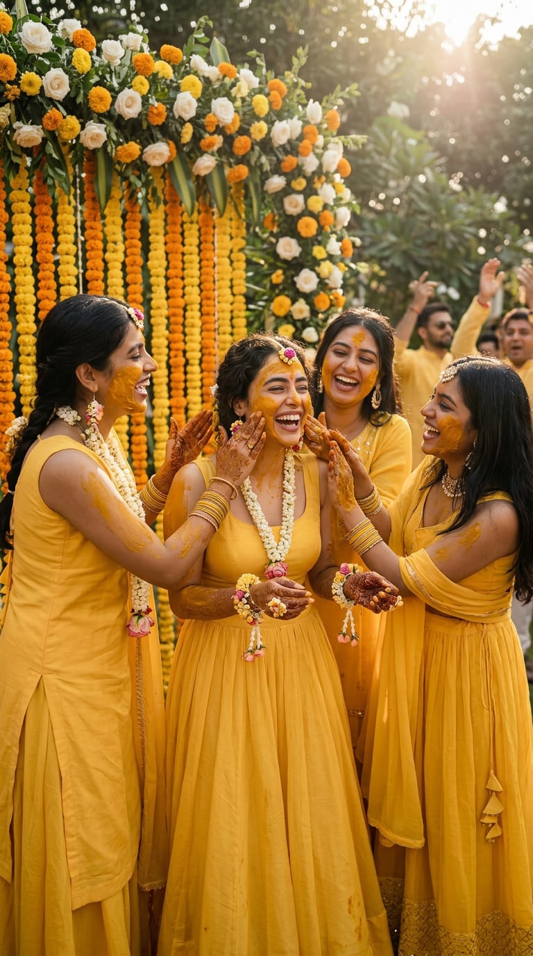 Bride with Sisters at Haldi Ceremony Laughing