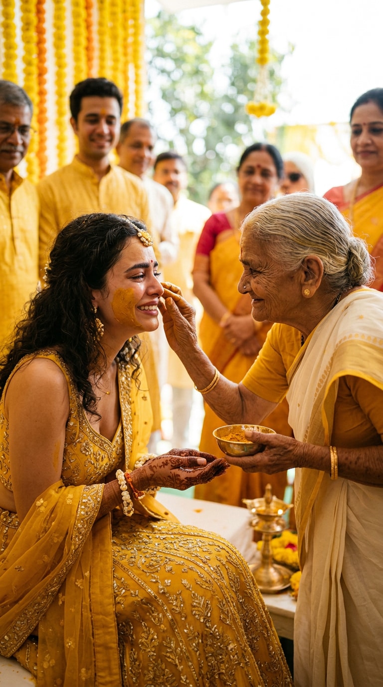 Grandmother Blessing Couple at Haldi Ceremony