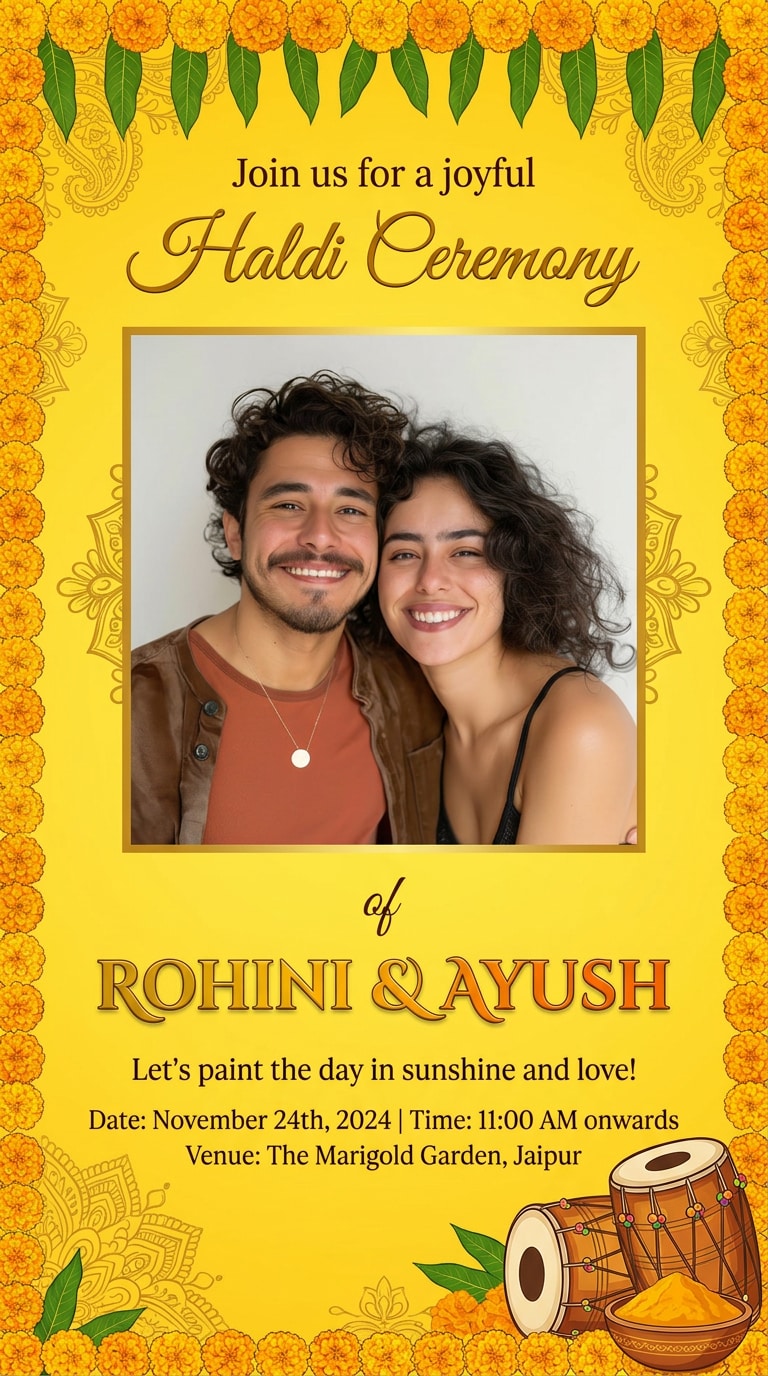 Haldi Ceremony Invitation Card Design with Marigolds