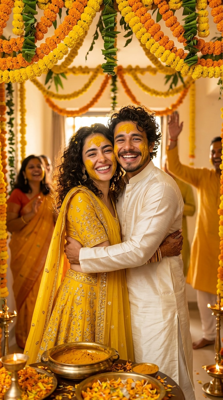 Bride in Yellow Haldi Outfit with Turmeric Paste Ceremony