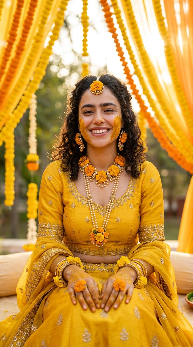 Joyful Haldi Ceremony with Family and Floral Canopy