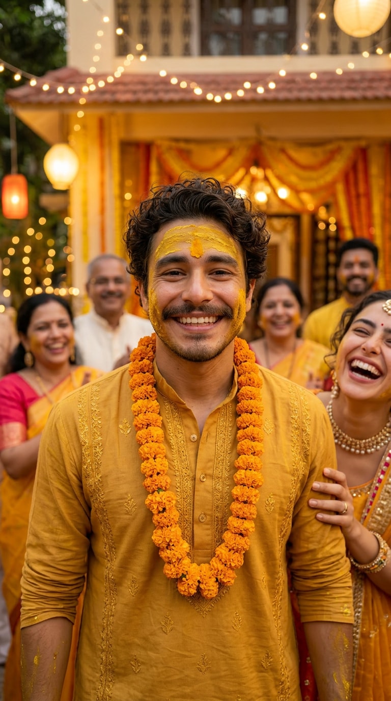 Haldi Ceremony Couple with Marigold Garlands and Brass Bowls