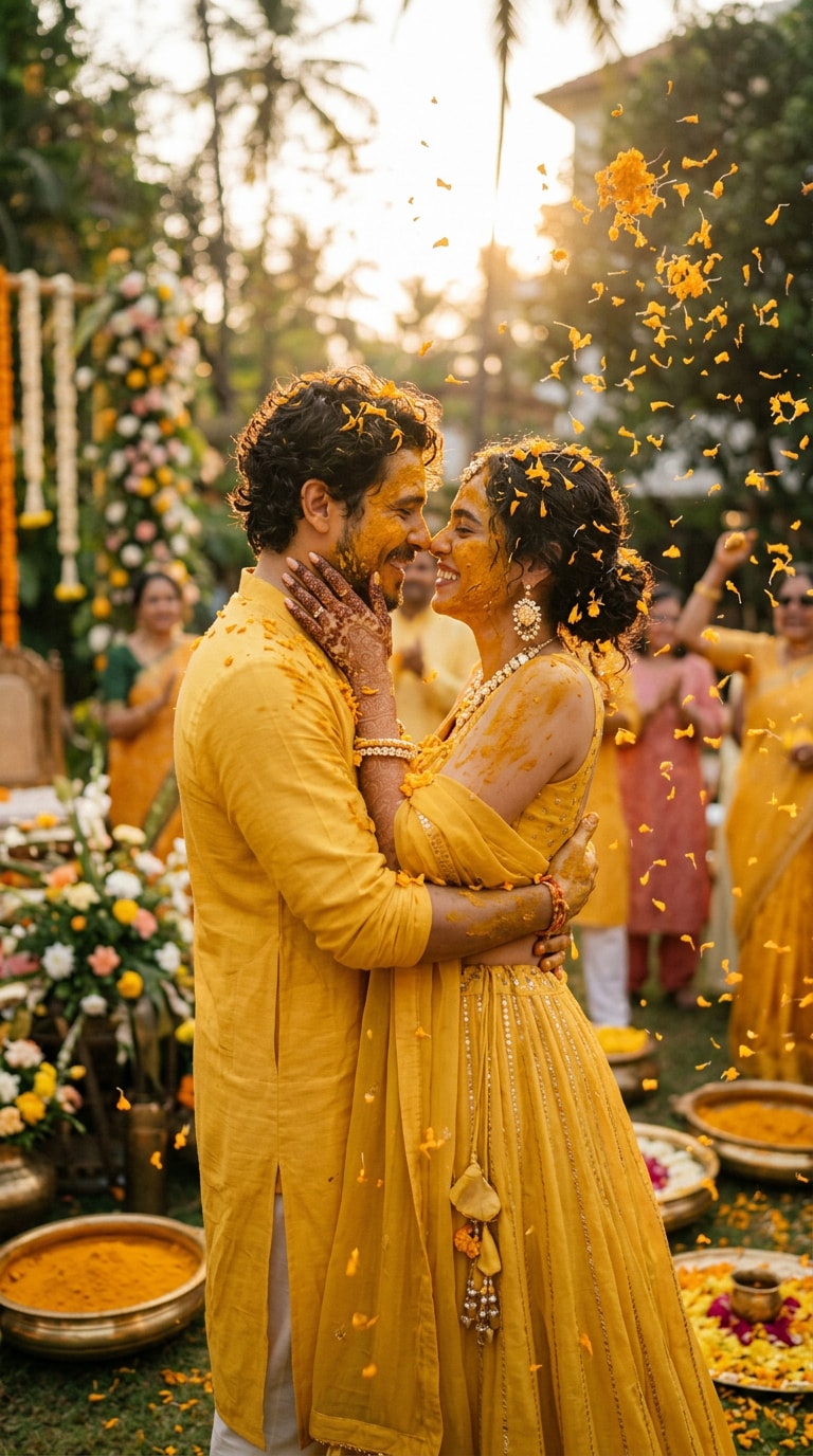 Traditional Haldi Ceremony Scene with Turmeric and Flowers