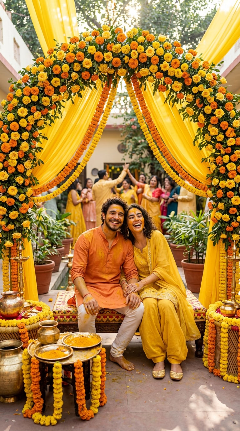 Haldi Ceremony Floral Arch with Yellow Drapes