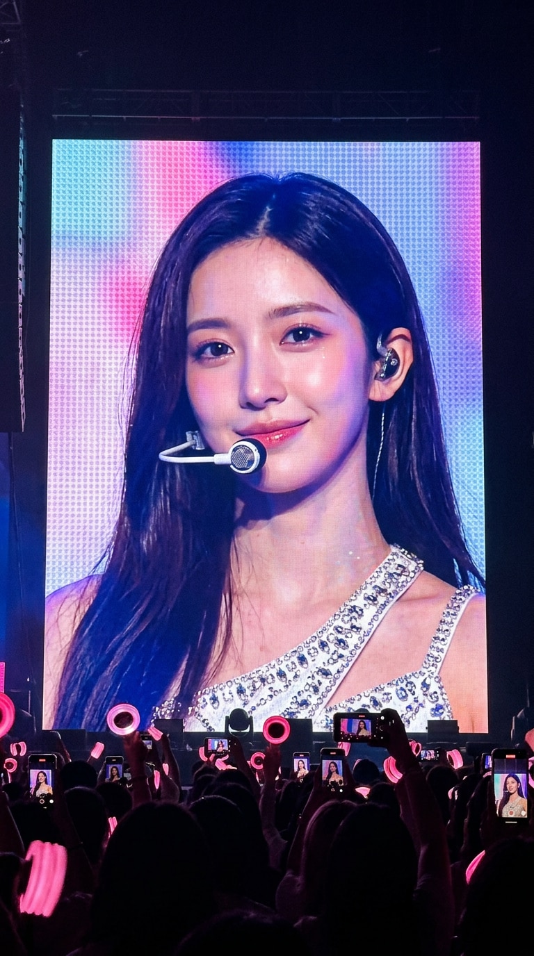 AI K-pop idol concert jumbotron screen appearance - viral stadium moment