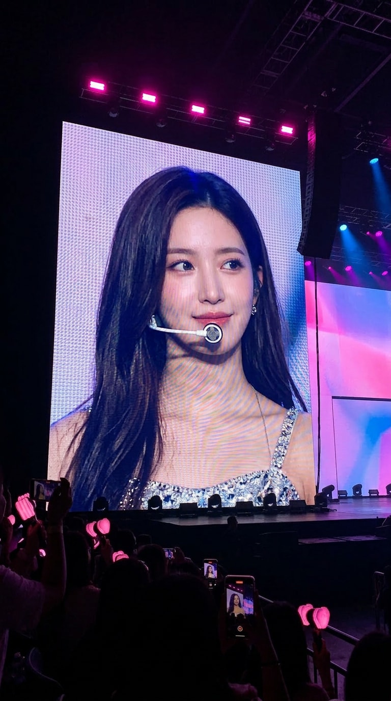 AI K-pop fancam devoted bias spotlight - shallow depth of field concert moment