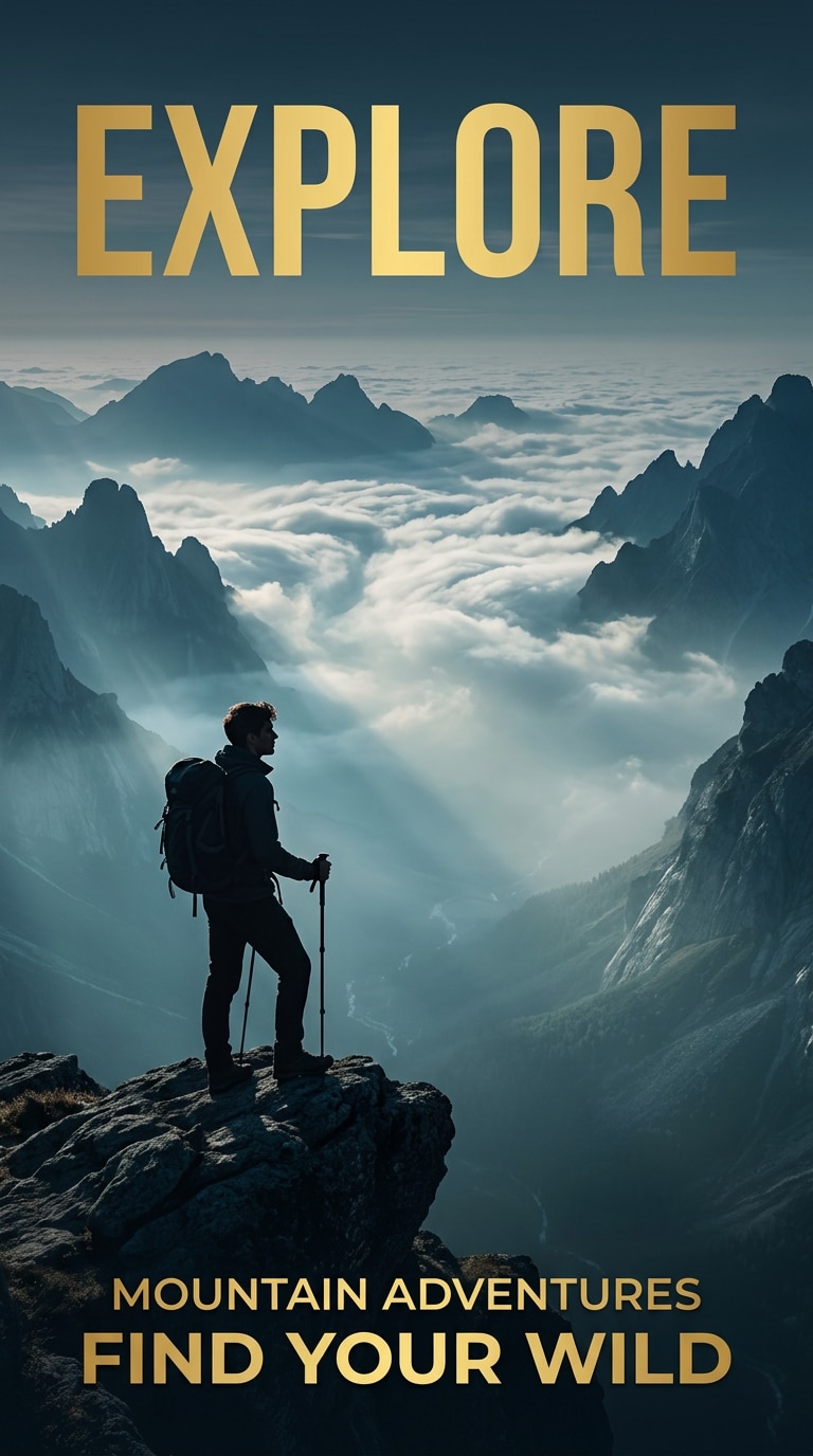 Realistic Hiking Equipment Poster with Volumetric Fog