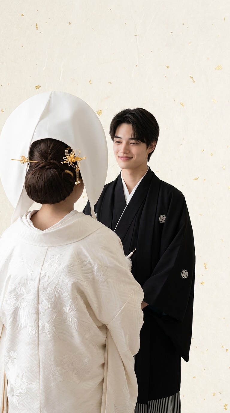 綿帽子と白無垢の後ろ姿AI写真