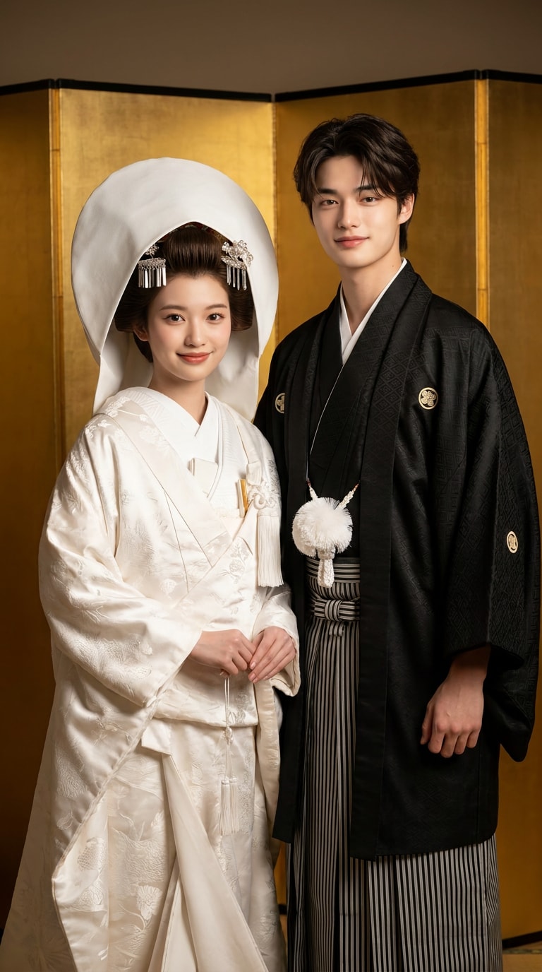 和紙背景のAIパートナー結婚写真