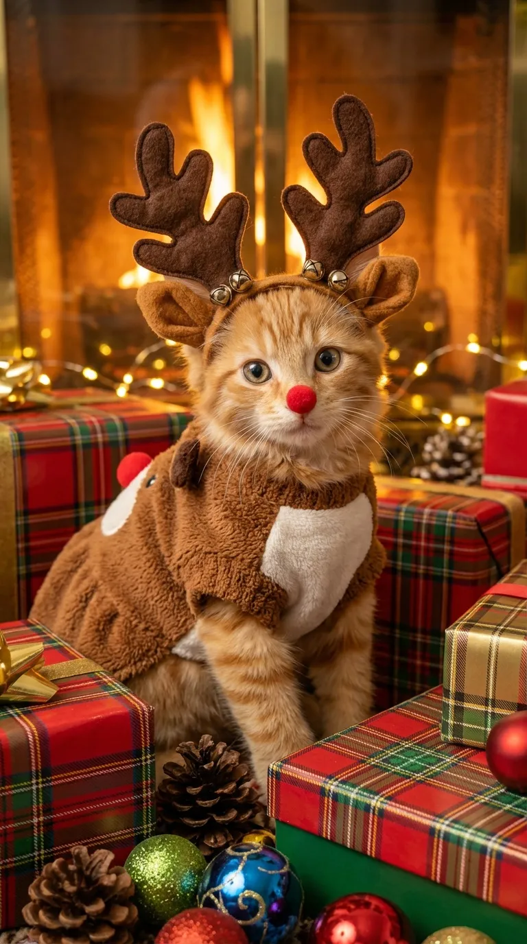 Cat in Christmas reindeer outfit