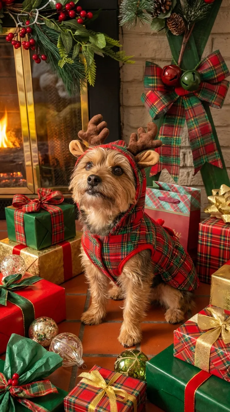 Dog in Christmas reindeer outfit